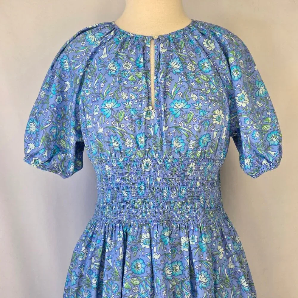 J.Crew Floral Provence Midi Dress With Smocked Waist & Puff Sleeves 100% Cotton